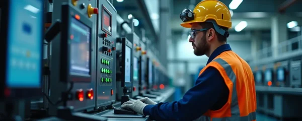 Technicien méthodes au travail dans une usine moderne avec équipements industriels avancés