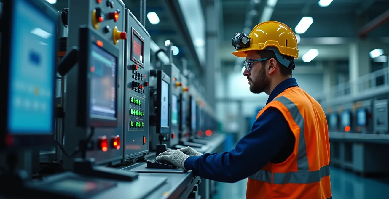 Technicien méthodes au travail dans une usine moderne avec équipements industriels avancés