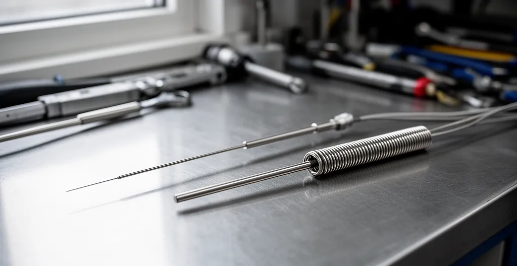 Deux sondes PT100 de types différents posées sur une surface de travail