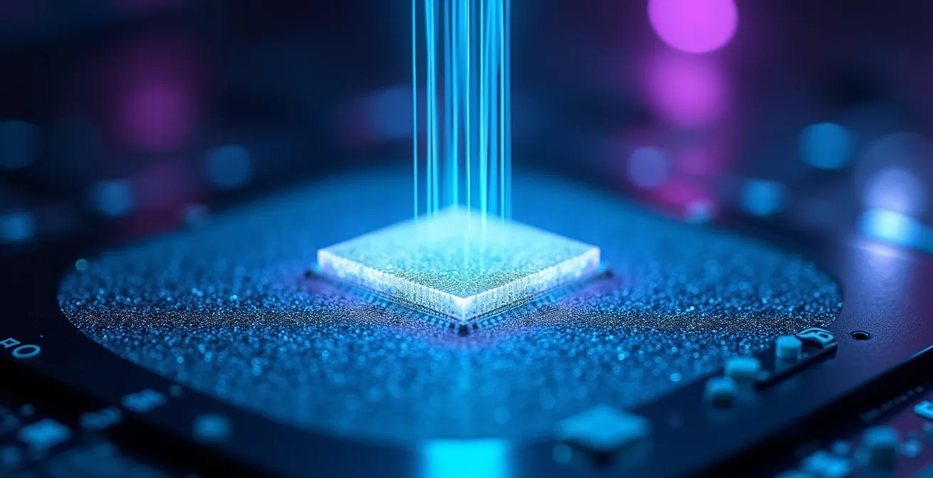 Gros plan sur un faisceau d'électrons révélant des défauts microscopiques sur une surface de silicium