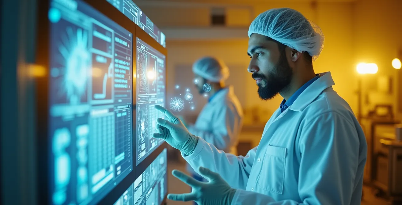 Ingénieur analysant des données de rendement dans une salle blanche semiconducteur