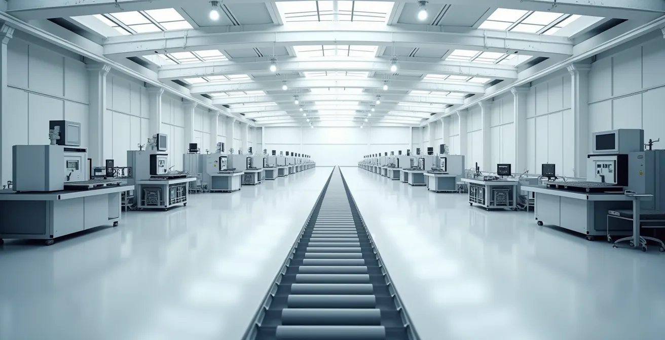 Espace industriel minimaliste avec flux de production épuré