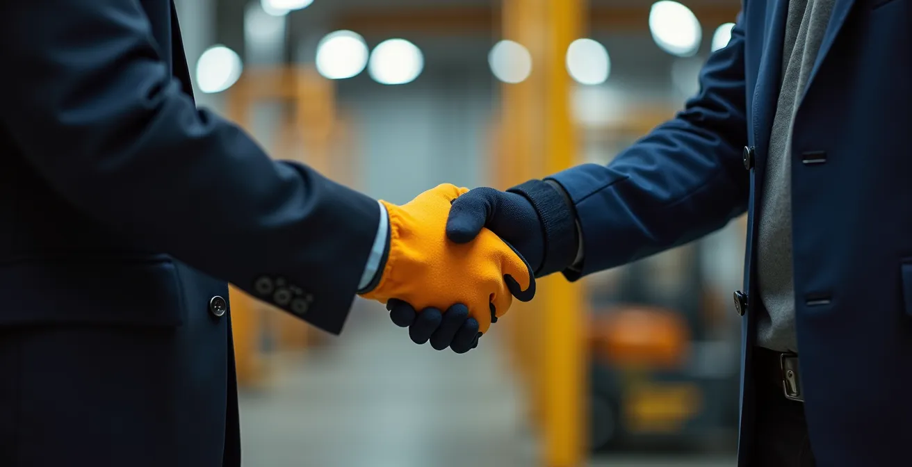 Poignée de main professionnelle en environnement industriel