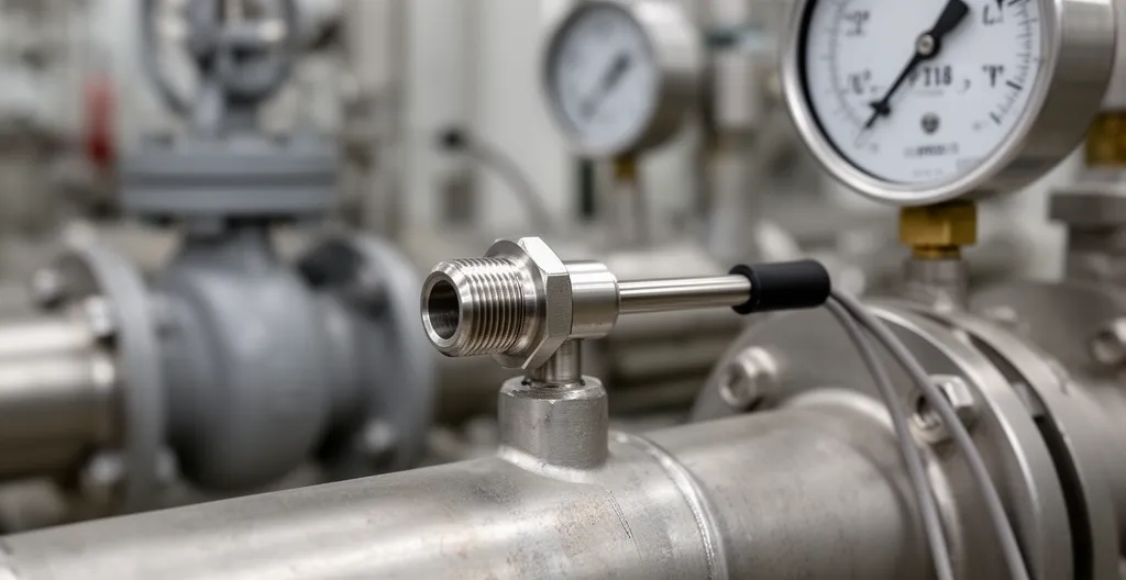 Sonde PT100 en acier inoxydable montée sur une tuyauterie industrielle