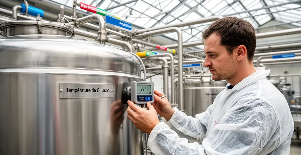 Technicien inspectant un capteur de température sur une cuve industrielle