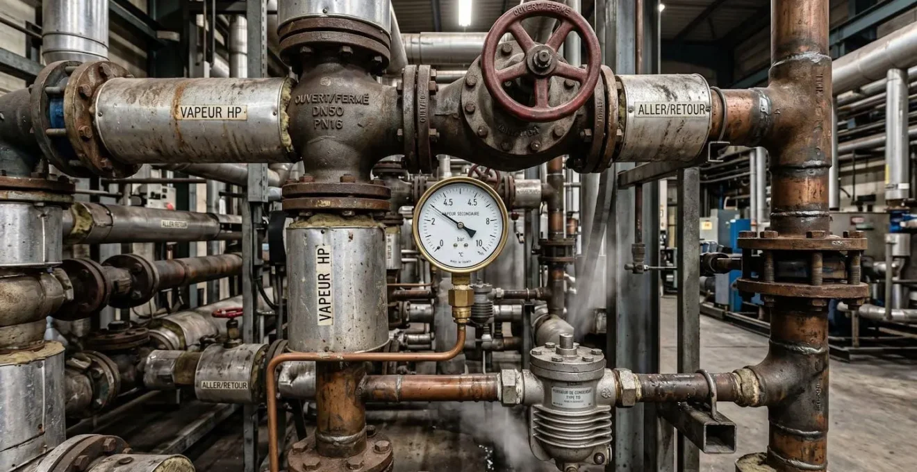 Réseau de tuyauteries vapeur industrielle avec vannes de régulation, manomètres et purgeurs de condensats dans une installation de production