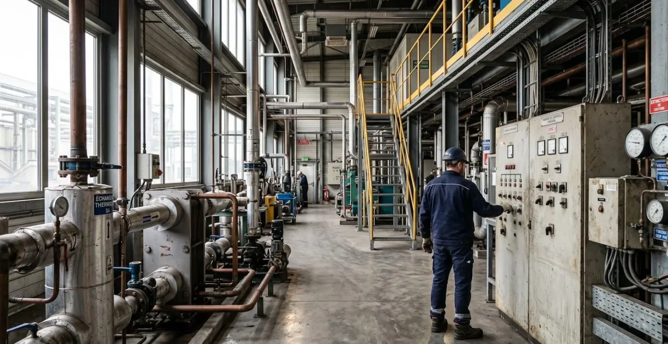 Salle des machines industrielle avec échangeurs thermiques, tuyauteries métalliques et armoires électriques dans un site de production contemporain