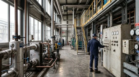 Salle des machines industrielle avec échangeurs thermiques, tuyauteries métalliques et armoires électriques dans un site de production contemporain
