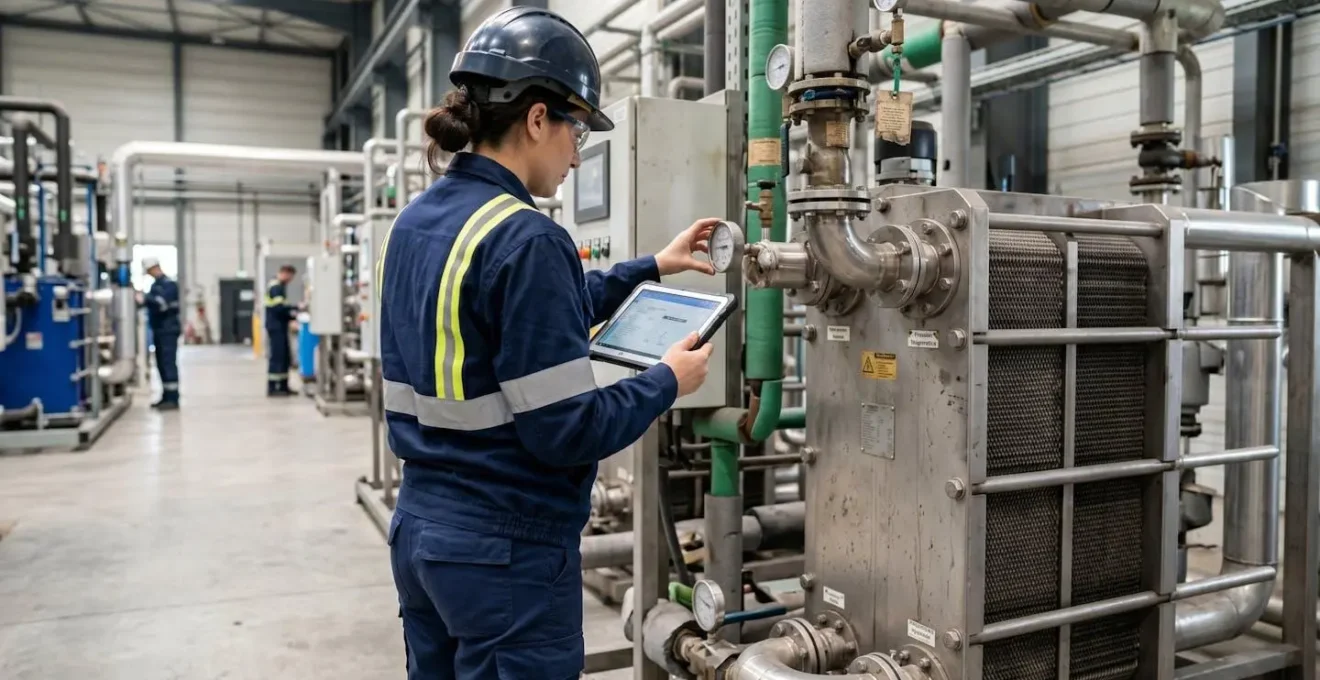 Technicien de maintenance contrôlant un échangeur thermique industriel avec tablette de suivi dans un atelier de production moderne