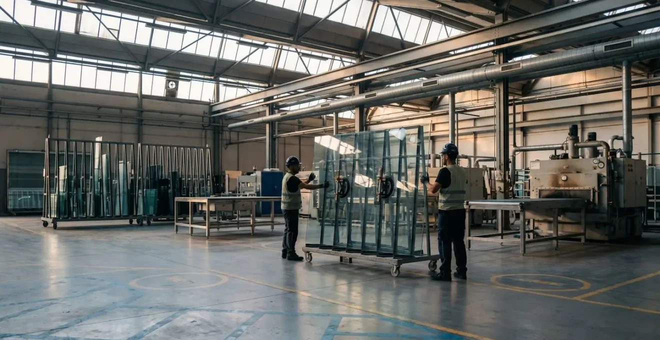 Atelier industriel de transformation du verre avec opérateurs manipulant de grandes plaques de verre en toute sécurité