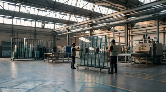 Atelier industriel de transformation du verre avec opérateurs manipulant de grandes plaques de verre en toute sécurité