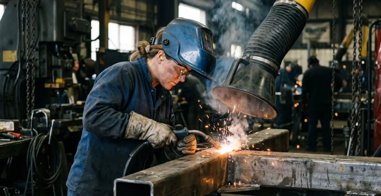 Vue d'un poste de soudage industriel équipé d'un bras d'aspiration captant les fumées à la source