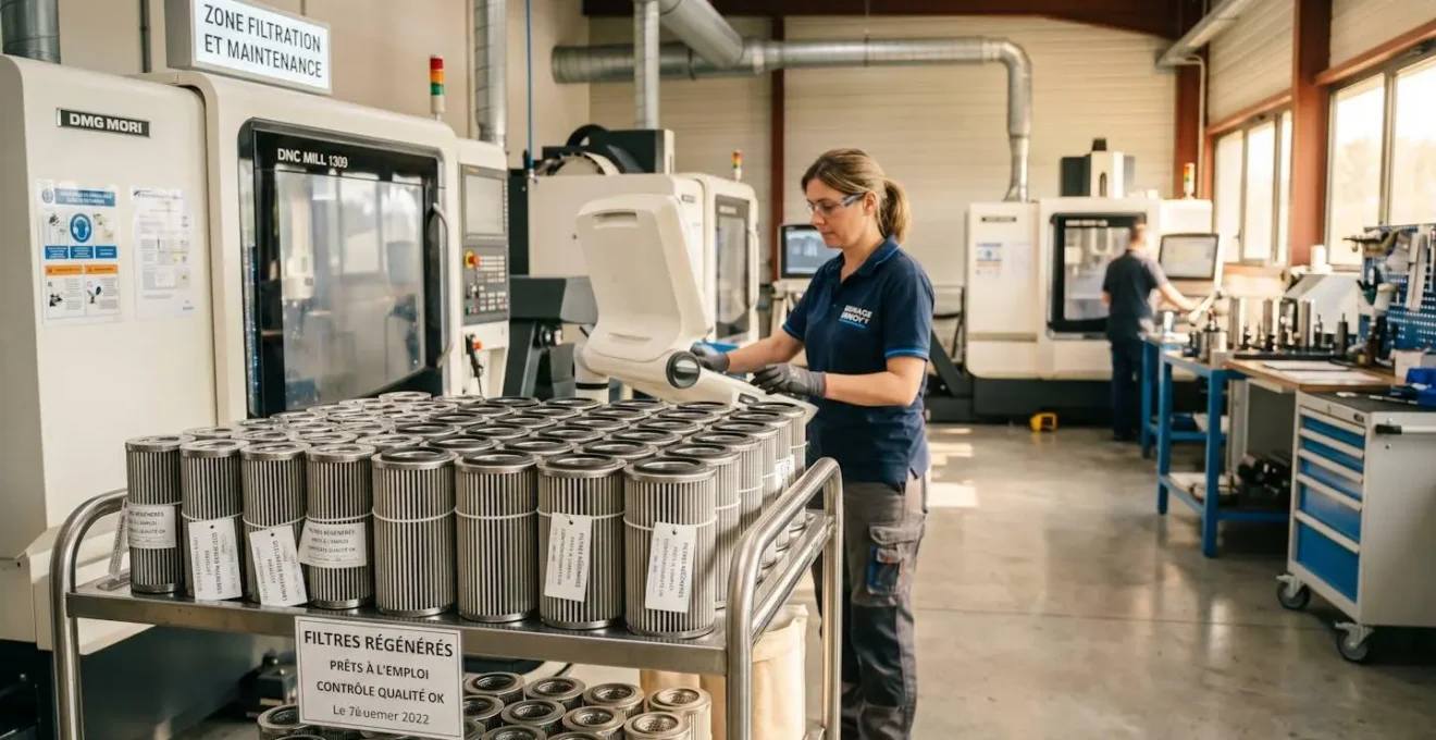 Atelier d'usinage industriel propre avec des filtres hydrauliques régénérés alignés et prêts à être remis en service