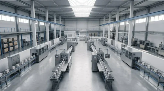 Environnement industriel de conditionnement avec lignes de production d'emballages sous surveillance réglementaire