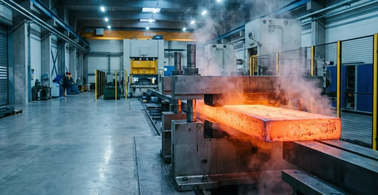 Pièce métallique chauffée à haute température en cours de formage sur un rayon serré, illustrant le processus industriel de déformation à chaud sans fissures