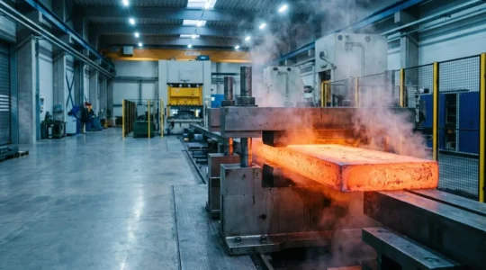 Pièce métallique chauffée à haute température en cours de formage sur un rayon serré, illustrant le processus industriel de déformation à chaud sans fissures