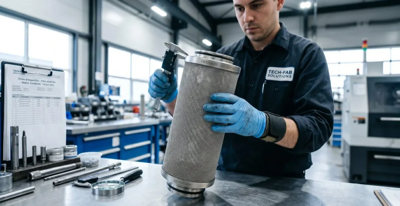 Élément filtrant à mailles métalliques inspecté dans un atelier industriel professionnel, propre et éclairé