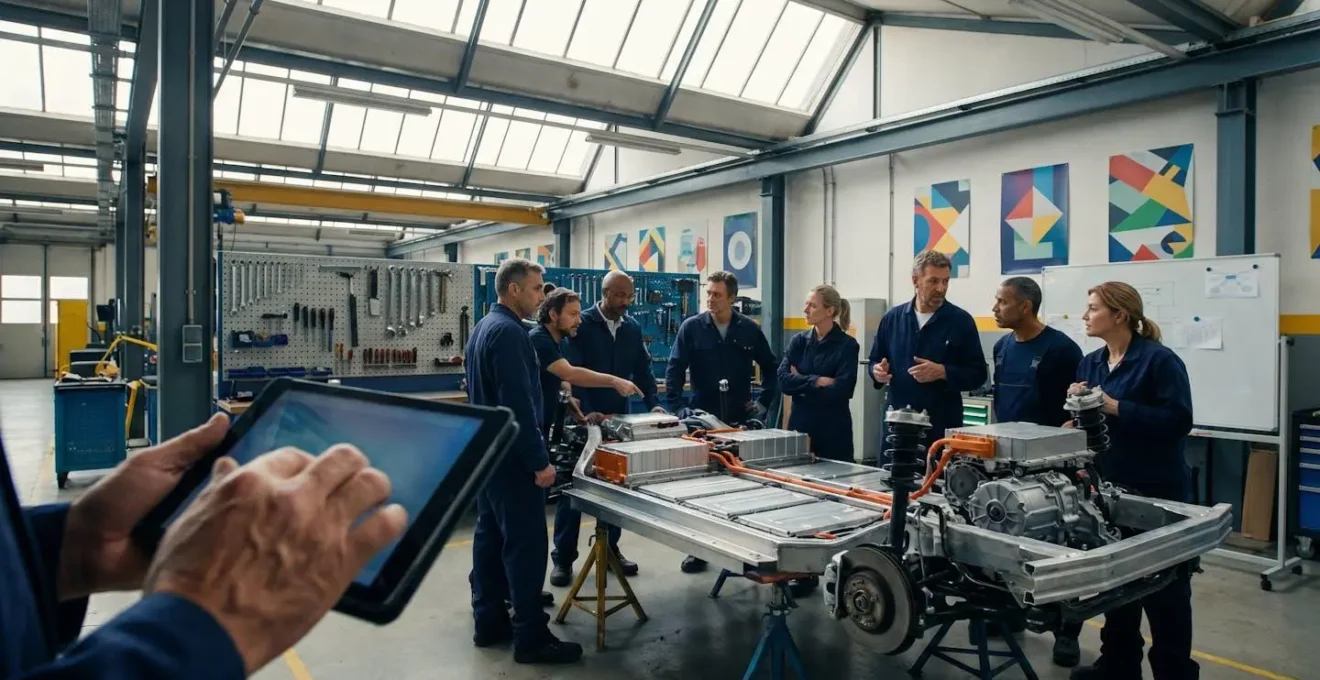 Atelier automobile moderne avec techniciens en formation véhicules électriques