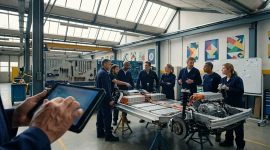 Atelier automobile moderne avec techniciens en formation véhicules électriques