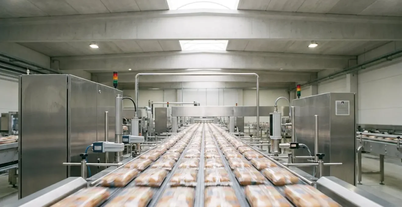 Ligne de production agroalimentaire à haute cadence avec systèmes de contrôle HACCP et capteurs de surveillance