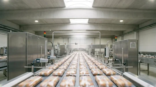 Ligne de production agroalimentaire à haute cadence avec systèmes de contrôle HACCP et capteurs de surveillance