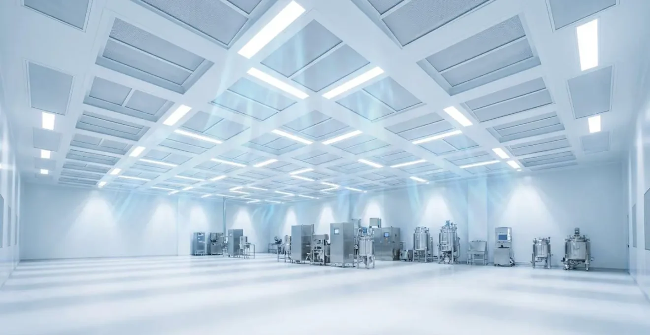 Environnement de salle blanche pharmaceutique ISO 7 avec filtres HEPA et flux d'air laminaire contrôlé
