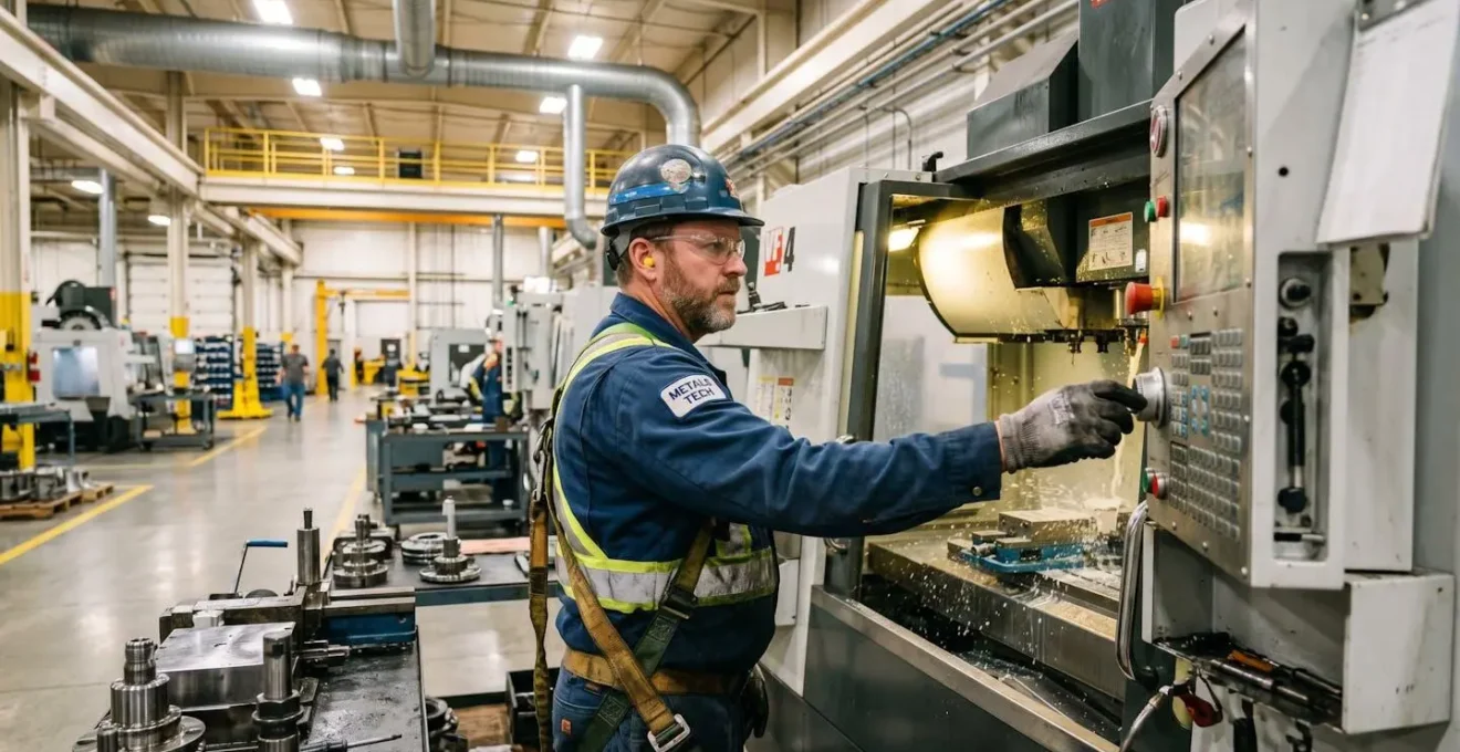 Opérateur en tenue de protection travaillant dans un atelier industriel équipé d'un système de traitement de l'air