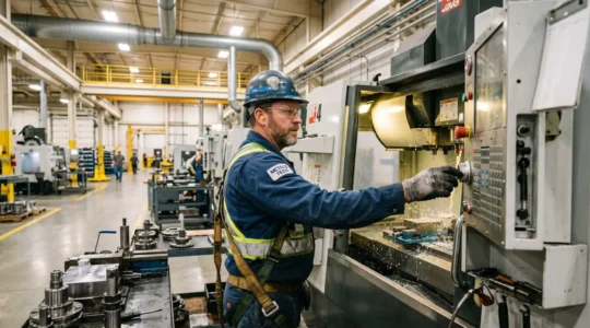 Opérateur en tenue de protection travaillant dans un atelier industriel équipé d'un système de traitement de l'air