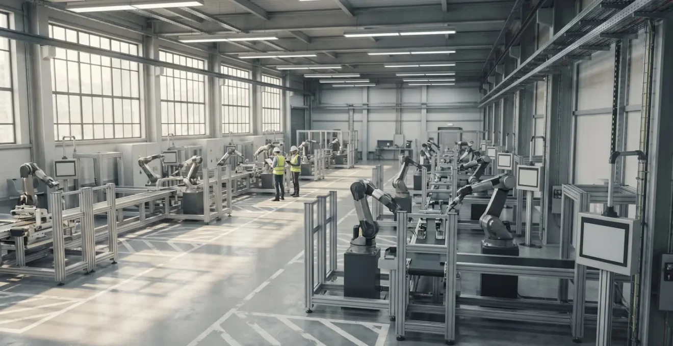Intérieur d'une usine moderne avec lignes de production automatisées en cours de redémarrage