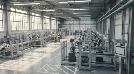 Intérieur d'une usine moderne avec lignes de production automatisées en cours de redémarrage