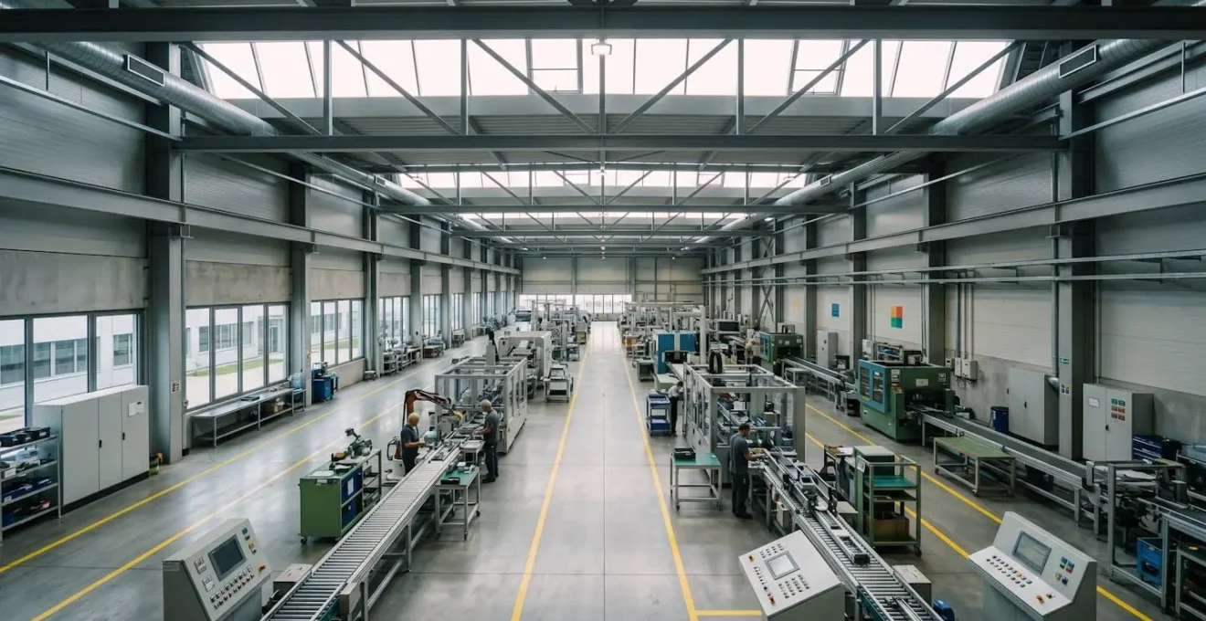 Vue d'ensemble d'une usine de transformation moderne avec lignes de production optimisées et indicateurs de performance