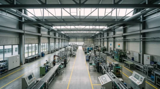 Vue d'ensemble d'une usine de transformation moderne avec lignes de production optimisées et indicateurs de performance