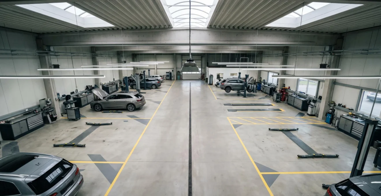 Vue aerienne d'un atelier automobile moderne reorganise avec zones de travail optimisees et flux vehicules