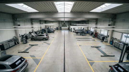 Vue aerienne d'un atelier automobile moderne reorganise avec zones de travail optimisees et flux vehicules