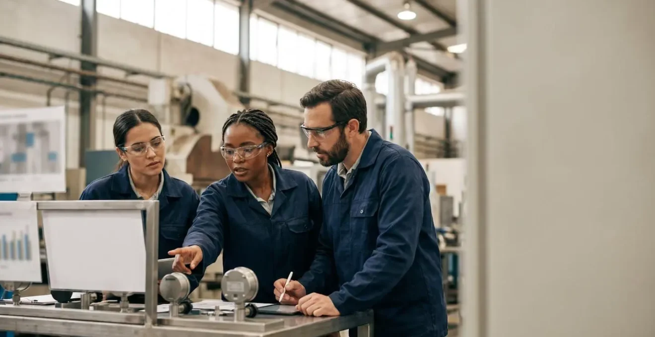 Équipe industrielle analysant des données de qualité sur un tableau de contrôle dans un atelier moderne