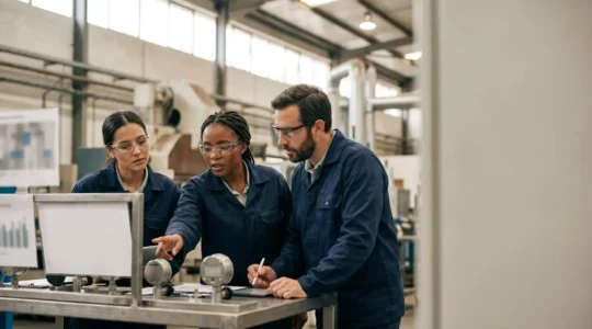 Équipe industrielle analysant des données de qualité sur un tableau de contrôle dans un atelier moderne