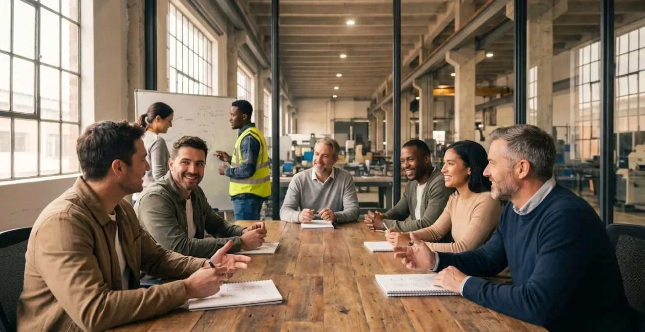 Réunion stratégique d'équipe industrielle autour d'une table de travail illustrant la collaboration lors d'une restructuration organisationnelle
