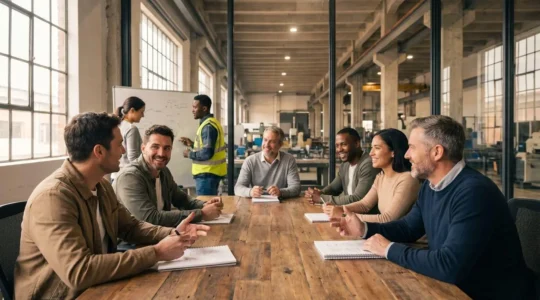Réunion stratégique d'équipe industrielle autour d'une table de travail illustrant la collaboration lors d'une restructuration organisationnelle