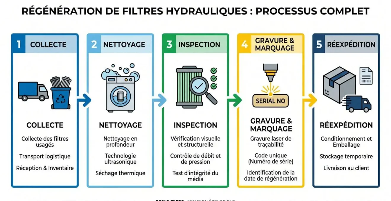Schéma épuré du processus complet de régénération de filtres hydrauliques : collecte, nettoyage, inspection, gravure, réexpédition