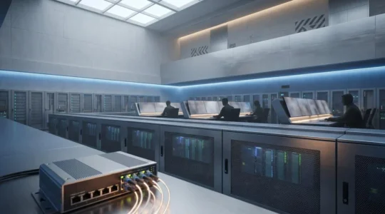 Environnement industriel moderne avec automates programmables et infrastructure de cybersécurité pour la protection des systèmes de production