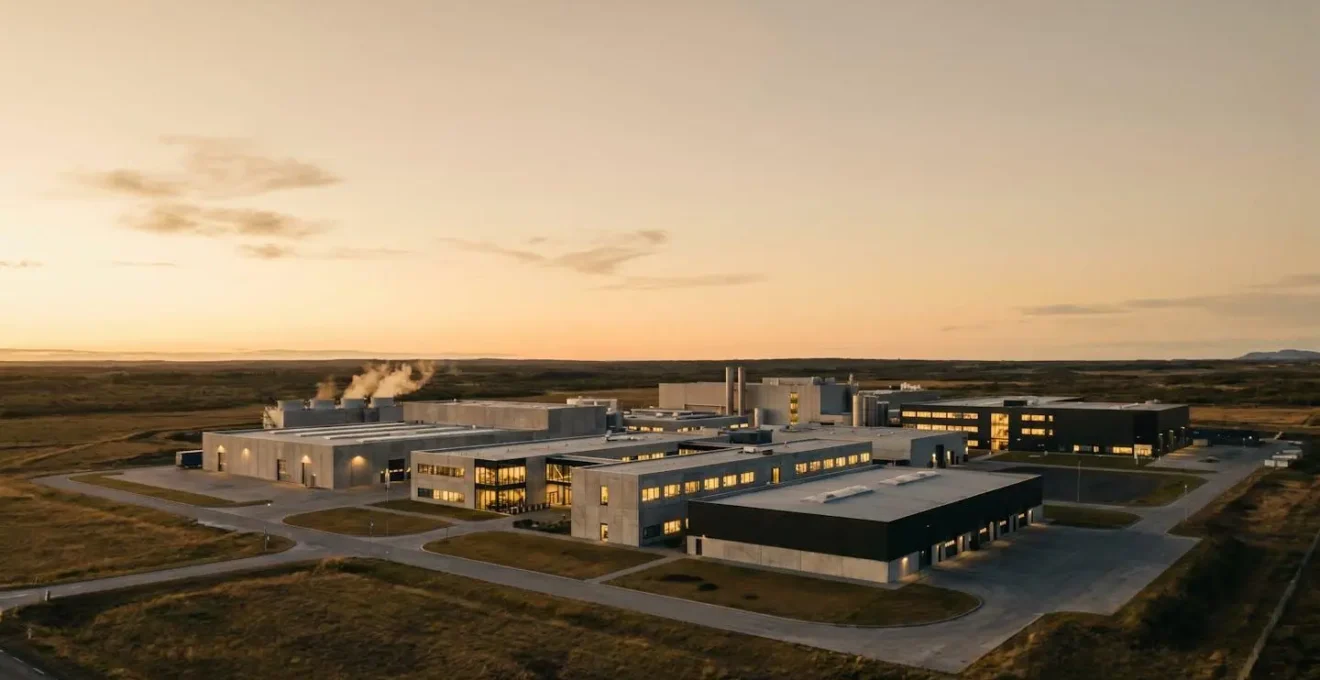 Vue aérienne d'un site industriel moderne avec des bâtiments de production éclairés en activité sous un ciel crépusculaire