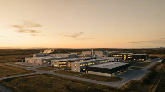 Vue aérienne d'un site industriel moderne avec des bâtiments de production éclairés en activité sous un ciel crépusculaire