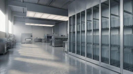 Vue d'ensemble d'un atelier de plasturgie avec système de stockage vertical pour plaques plastiques transparentes