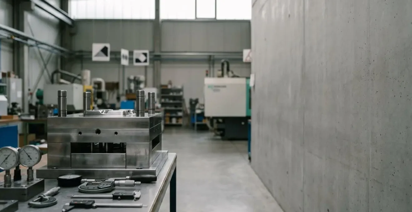 Vue rapprochée d'un moule d'injection industriel en acier sur un plan de travail d'atelier, avec des outils de métrologie et un arrière-plan flou d'usine