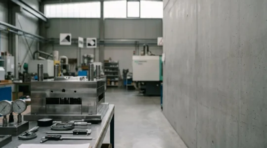 Vue rapprochée d'un moule d'injection industriel en acier sur un plan de travail d'atelier, avec des outils de métrologie et un arrière-plan flou d'usine