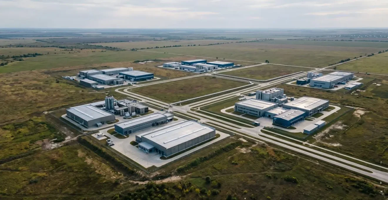 Vue aérienne d'un réseau de sites de production industriels interconnectés illustrant la synchronisation logistique