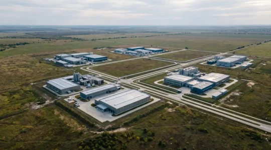 Vue aérienne d'un réseau de sites de production industriels interconnectés illustrant la synchronisation logistique