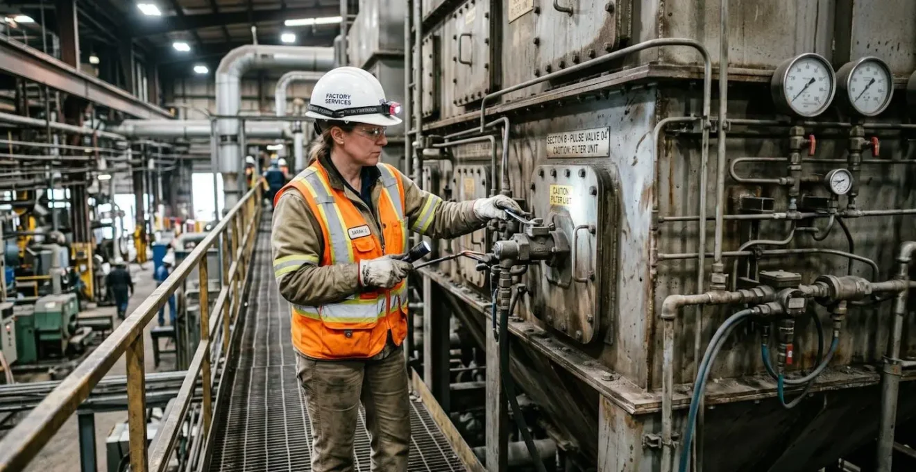 Technicien réalisant la maintenance d'un filtre de dépoussiérage dans un atelier industriel