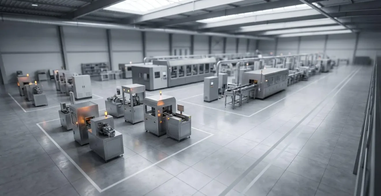 Installation de production industrielle avec zone d'essai pilote séparée, symbolisant l'approche progressive de test technologique