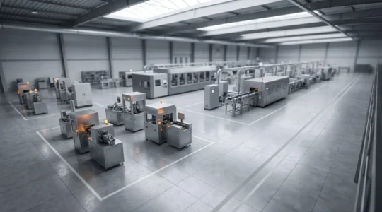 Installation de production industrielle avec zone d'essai pilote séparée, symbolisant l'approche progressive de test technologique